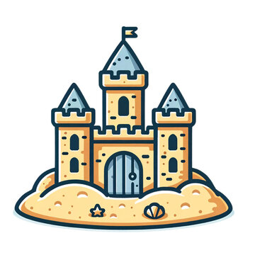 recommend clip art: A simple and cartoonish sandcastle, illustrated with bold outlines and flat colors on a transparent background. The castle features a central tower