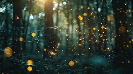 A magical forest scene with glowing yellow fireflies. Perfect for nature and fantasy themed projects