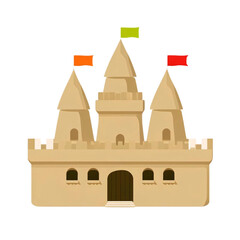 A stylized, vector-style sandcastle with a smooth, flat design on a transparent background. The castle has a central conical tower flanked