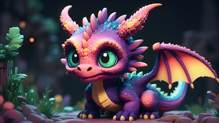 Pixel art dragon, adorable, big eyes, magical and dreamy, blender render, 8k, fantasy colors, soft texture