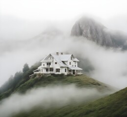 Isolated house in the mountains beautiful foggy natural view