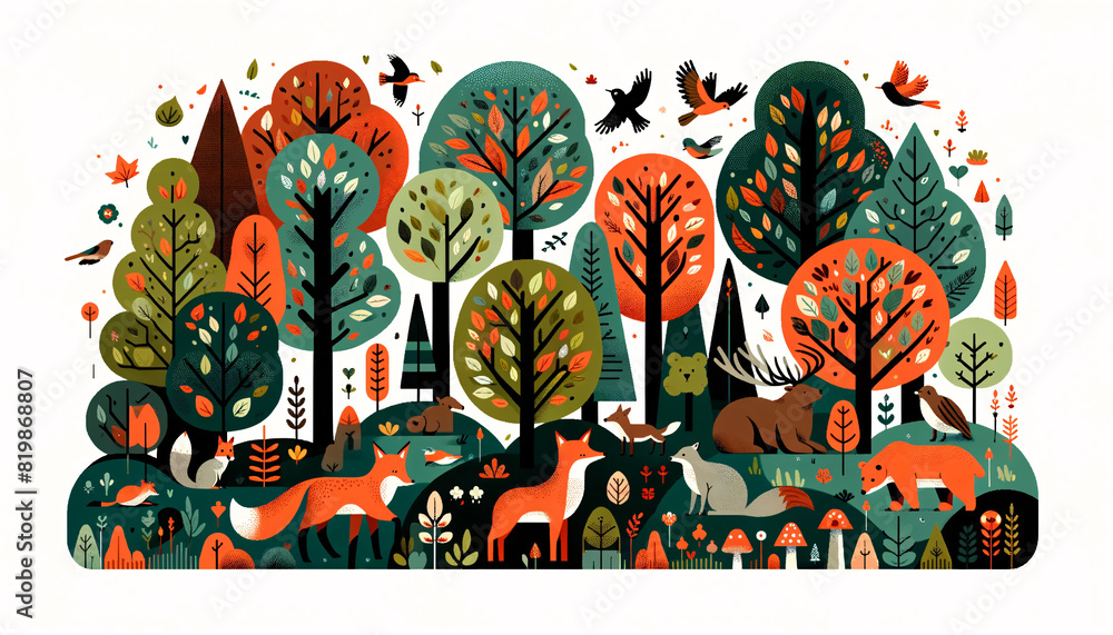 Aufkleber a whimsical and colorful forest scene in a flat design style, featuring an array of animals like fox