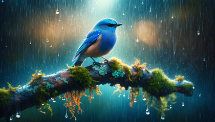 Fototapeta premium A vibrant blue bird perched on a branch during a gentle rain. The bird, with its feathers in various shades of blue