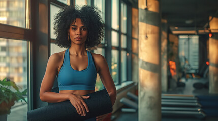 a well-equipped gym, a beautiful Latin American woman holds a yoga mat, exuding confidence and readiness for her class.