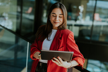 Smiling businesswoman in red blazer using tablet at modern office window in daylight