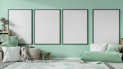 Four blank horizontal poster frames in a Scandinavian style living room with a mint green and white theme. Frames are staggered vertically beside a cozy reading nook.