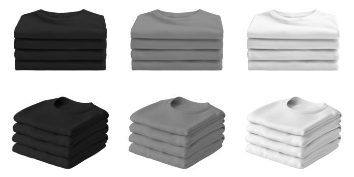 Set of folded black, gray, white t-shirts, stacked on transparent background cutout, PNG file. Mockup template for artwork graphic design