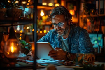 An individual focused on a tablet in a dimly lit, warm café environment