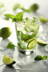 A glass of limeade with a lime wedge on top