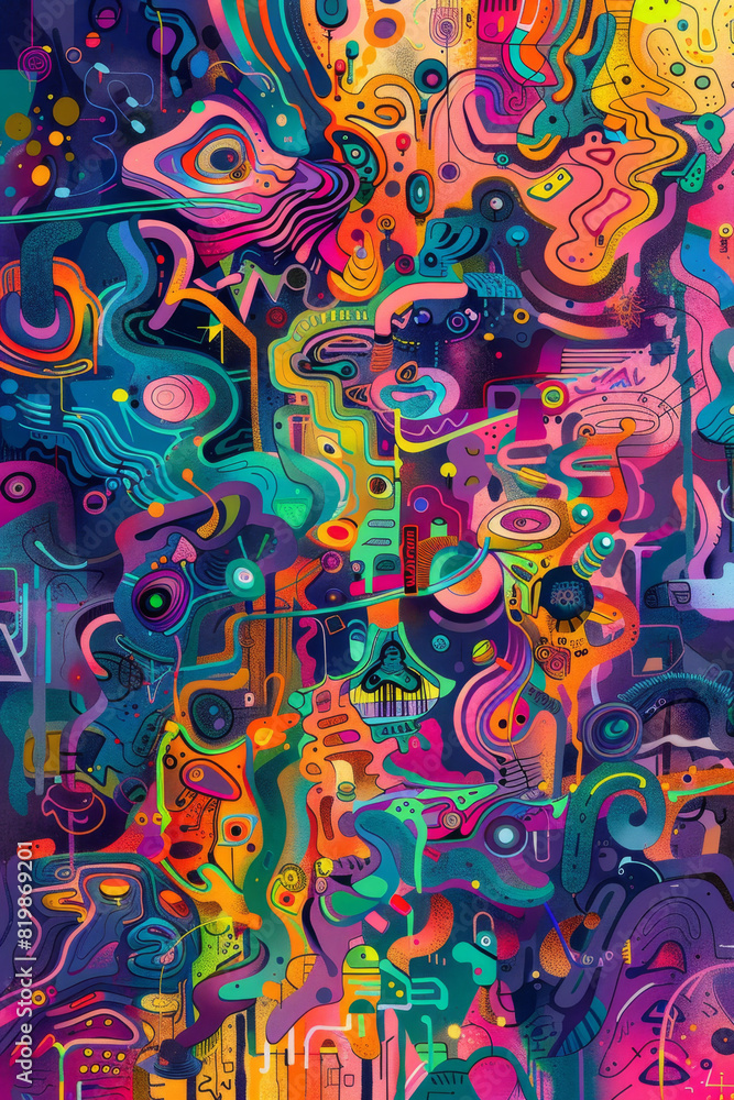 Poster overlapping lines and figures depict the chaos of a troubled mind in abstract art.