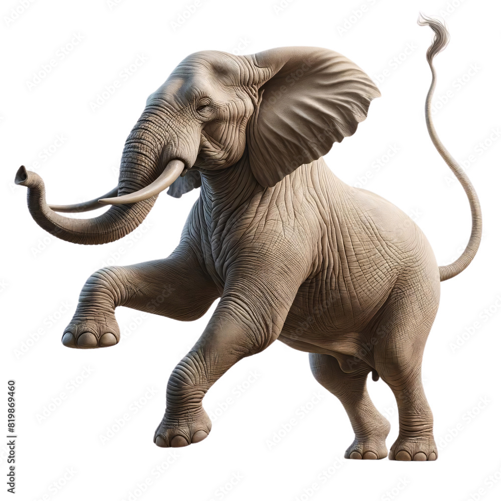 Poster full-bodied adult elephant in a dynamic pose on a transparent background, with its trunk curled upwa