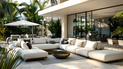 A large white sectional sofa is surrounded by a black coffee table