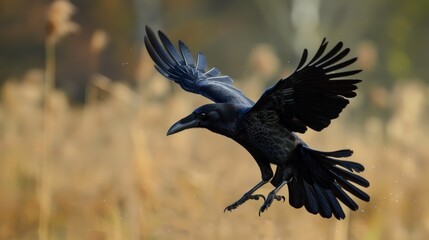 A black bird flying in the air over a field, AI