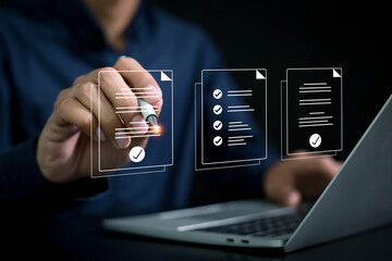 Business performance checklist concept . Business evaluation, project approval and enhancing business performance.