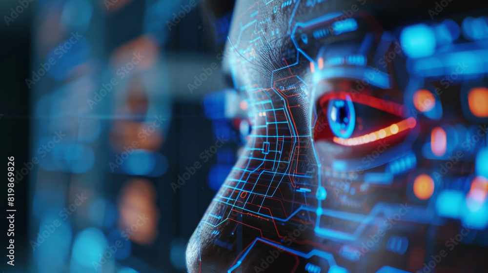 Poster facial recognition technology interface scanning person's face for identity verification.