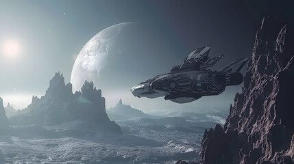 A spaceship is flying through a desolate, rocky landscape