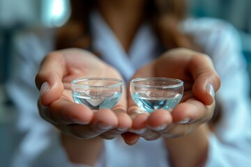 Close-up of hands presenting contact lenses with a focus on the product and hygiene