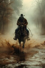 A man riding a horse through the water in front of trees, AI