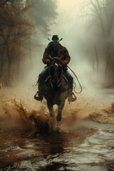 Naklejka premium A man riding a horse through the water in front of trees, AI