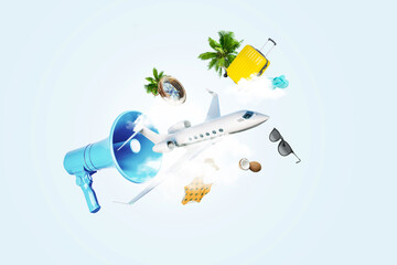 Creative blue loudspeaker with airplane, clouds, compass, luggage, bag, glasses, palm trees and...