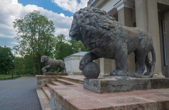 Medici lions sculptures at the entrance to the Astravas manor in Birzai, Lithuania.