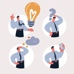 Cartoon vector illustration of man holding phone with question mark, looking up to the sky, holding lightbulb as idea concept, showing telephone.MAN_ICONS