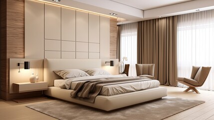 Minimalist interior design of modern bedroom with beige stucco wall