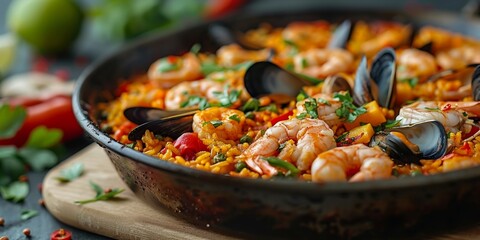 A classic Mediterranean paella, brimming with seafood, rice, and aromatic spices, a gourmet delight.