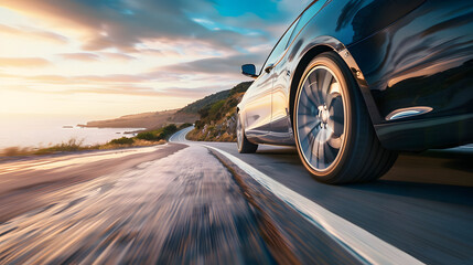 A black car is driving down a road with a beautiful ocean in the background