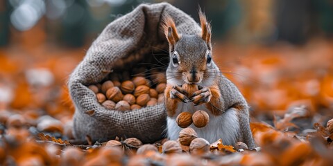 A cute squirrel sits amidst the woods, nibbling on a whole walnut, its fluffy tail adding to its adorable charm.