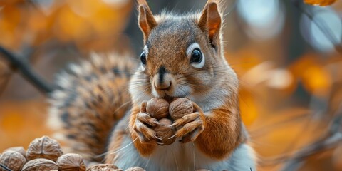 In the wildlife, a fluffy squirrel sits in a park, holding a handful of nuts with its paws.