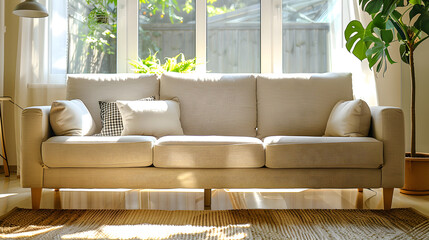 A white couch with a plant in a pot on the right side