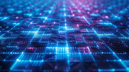 Obraz premium Blue and pink neon lights on a digital network grid.