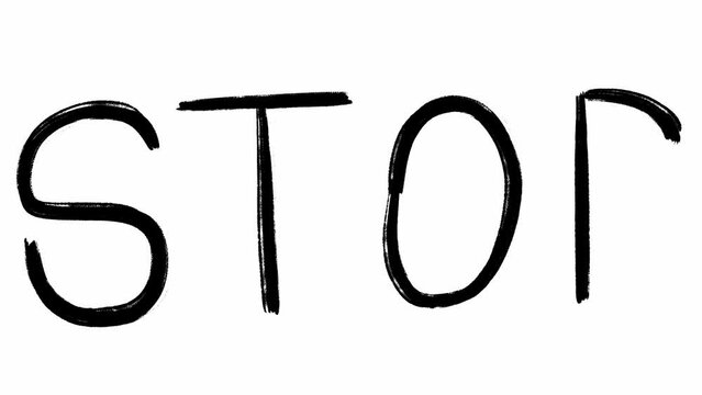 Hand written word stop in animated grunge loop stop motion against white background. Isolated view of the banner with the title meaning end of the action perfect for using in the sport marathons