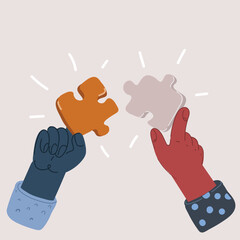 Cartoon vector illustration of Human hands putting puzzle pieces together.
