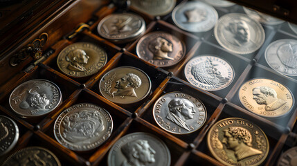 A collection of old coins with various faces and inscriptions