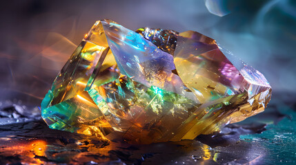 A large, colorful crystal sits on a table