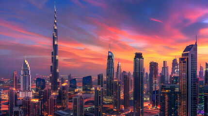 Obraz premium A city skyline at sunset with the Burj Khalifa in the background