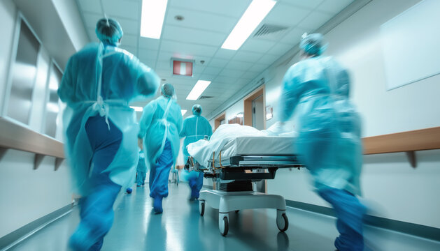Doctors and medical staff transporting patient on stretchers in hospital. Photo from behind with motion blur to emphasise action and urgency. Generative AI