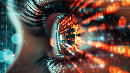 A close-up of a human eye reflects a digital interface with glowing lines of code and data points 