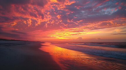 A beautiful sunset over the ocean with a few people walking on the beach