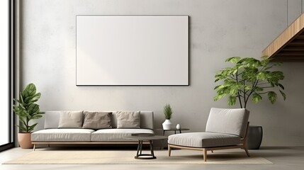 Minimalist interior with blank empty poster on wall, clean and elegant