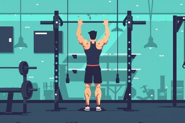 Naklejka premium A man performing a pull up exercise in a gym. Suitable for fitness and workout concepts