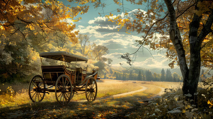 A horse drawn carriage is parked in a field of yellow leaves
