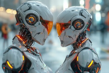 Two futuristic robots facing each other, showcasing advanced technology and intricate design details, in a high-tech setting with a blurred background