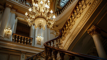 A grand staircase with a chandelier hanging above it © ninenat