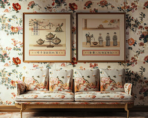 Traditional tea room with a floral print sofa and two horizontal poster frames, each showing elegant tea ceremony scenes, on a floral wallpapered wall.