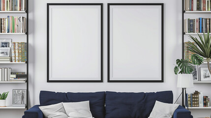 Two blank horizontal poster frames in a Scandinavian style living room with a crisp white and navy blue theme. Frames are side by side above a stylish bookshelf.