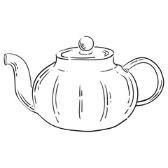 Glass teapot drawn with vintage lines. Isolated vector illustration. A teapot drawn as an engraving.