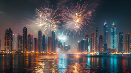 A city skyline is lit up with fireworks, creating a festive